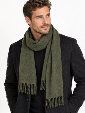 John Hanly Ireland 100% Cashmere Men's Fringe Scarf Olive Green